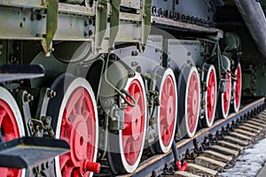Detail of the wheels on a steam train