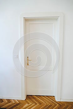 Detail of a white door with a wooden floor