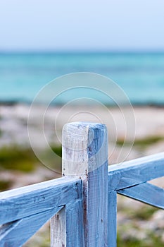 Detail of white wooden handrail, Cayo Guillermo, Cuba