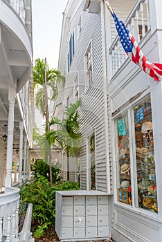 Detail of white wooden houses in Duval Street