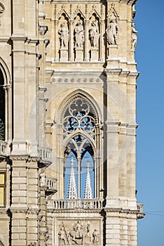 Detail of windows and towers of the Vienna city hall building