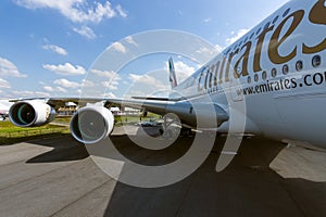 Detail of the wing and a turbofan Engine Alliance GP7000 of the airliner - Airbus A380.