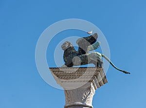 Detail of the winged lion in The St. Mark`s Square Piazza San Marco , in Venice, Italy
