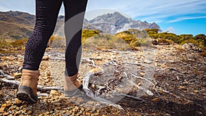 Detail of woman trekking on mountain track, New Zealand