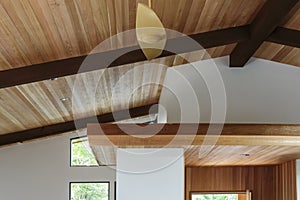 Detail of wood beam ceiling in a modern house entryway