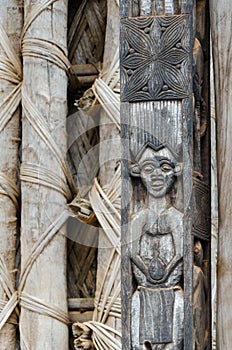 Detail of wood carving of human on pillar at traditional Fon`s palace in Bafut, Cameroon, Africa