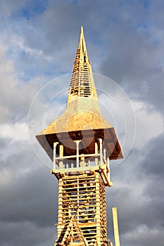 Detail of wooden bell tower being built