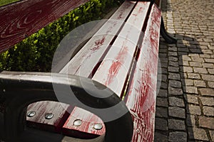 Detail of wooden bench in the city park with cobbles