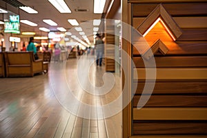 detail of wooden exit sign in a busy mall corridor