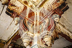 Detail of the wooden ornaments inside of the maharaja palace in Bundi, Rajasthan, India