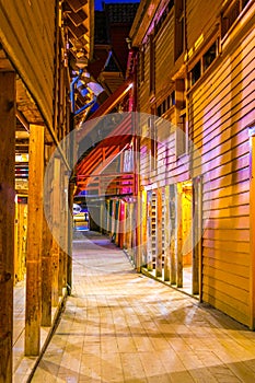 Detail of a wooden street in the historical district Bryggen in Bergen, Norway....IMAGE