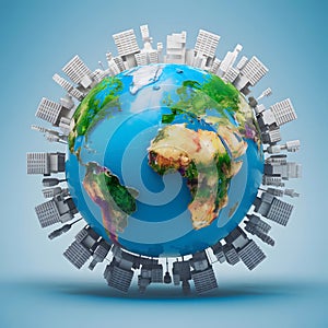 Detailed 3D Earth model showing continents, white urban structures symbolizing tech and commerce.