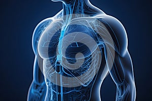 Detailed 3D Illustration of Blue Human Torso with Circulatory System and Organs on Black Background