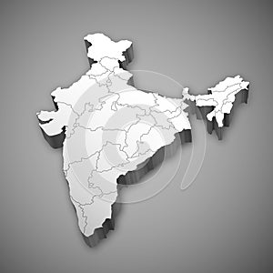 Detailed 3d map of India, Asia with all states and country boundary