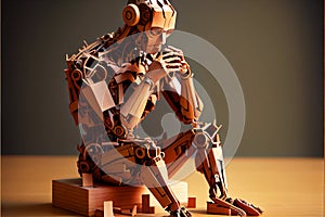 Detailed abstract thinking robot made out of wood Ai