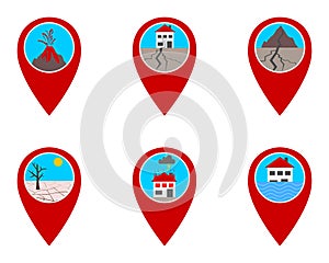 Location pins with natural desasters photo