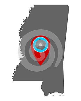 Map of Mississippi and pin with hurricane warning