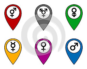 Pins with gender symbols on white background