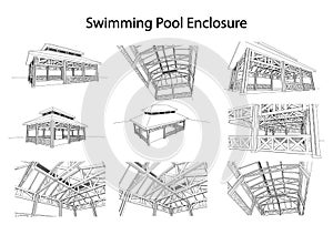 Detailed achitectural 3d sketch of swimming pool enclosure from different points of view. Vector