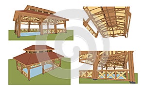 Detailed achitectural 3d sketch of swimming pool enclosure from different points of view. Vector
