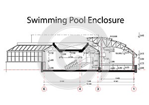 Detailed achitectural drawing of swimming pool enclosure with measurements. Technical industrial vector