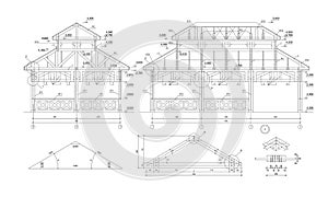 Detailed achitectural drawing of swimming pool enclosure with measurements. Technical industrial vector