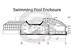 Detailed achitectural drawing of swimming pool enclosure with measurements. Technical industrial vector photo