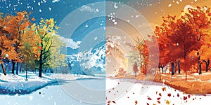 Detailed AI-Generated Comparison of Summer and Winter Seasons, Emphasizing Climate Changes and Aging Effects Over Time