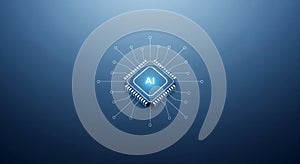 Glowing Artificial Intelligence Processor Chip on Blue Background. Advanced Technology Concept for Data Professionals.