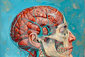 Detailed Anatomical Illustration of Human Brain and Blood Vessels in Side Profile View on Vibrant Blue Background for Medical Use