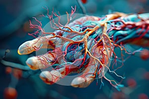 Detailed Anatomical Illustration of Human Hand with Arteries and Veins on Abstract Blue Background for Medical Use