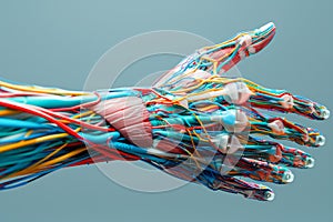 Detailed Anatomical Model of Human Hand Displaying Muscles and Tendons on Grey Background