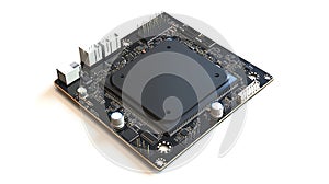 Black Circuit Board with Central Processor and Connectors