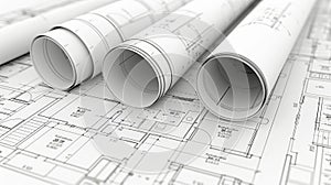 Detailed architectural blueprint roll featuring precise technical project drawing