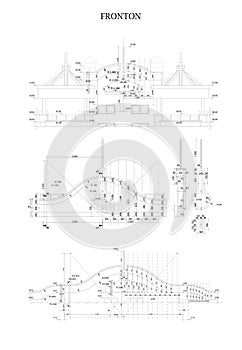 Detailed architectural fronton plan of multistory building Vector blueprint.