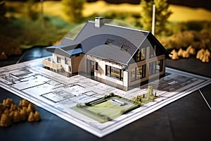 A detailed architectural model of a modern house with miniature trees on a construction plan laid out on a table
