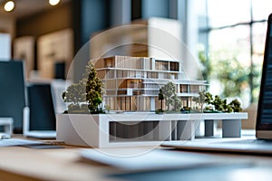 Modern architectural model displayed on a work table in a design studio with natural light