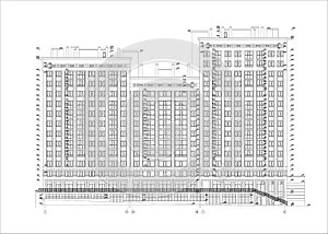 Detailed architectural plan of multistory building with underground garage parking. Vector blueprint. Architectural background.