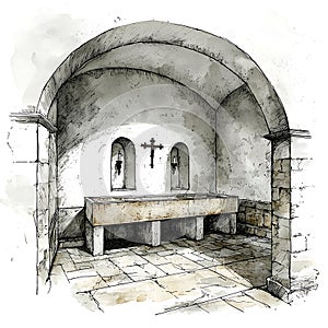 Architectural Sketch of a Medieval Stone Lavabo with a Cross photo