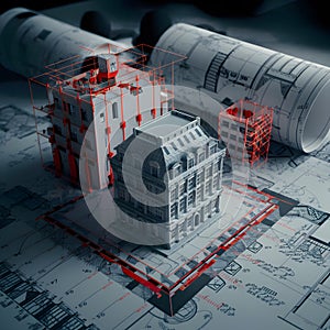 Detailed architectural tableau with 3D building model, blueprints, annotations, measurements, and design nuances.