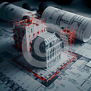 Detailed architectural tableau with 3D building model, blueprints, annotations, measurements, and design nuances. photo