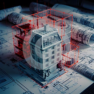Detailed architectural tableau with 3D building model, blueprints, annotations, measurements, and design nuances. photo