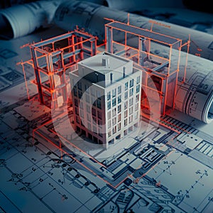 Detailed architectural tableau with 3D building model, blueprints, annotations, measurements, and design nuances. photo