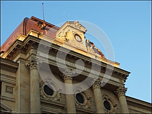 Detailed architecture of Banca Nationala Romana building in Bucharest