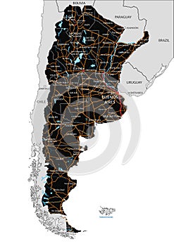 Detailed Argentina road map with labeling.