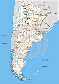 Detailed Argentina road map with labeling.