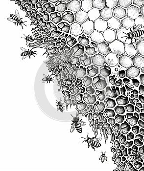 Detailed artwork of a honeycomb teeming with bees against a white background, perfect for educational or naturethemed photo