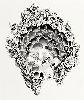 Detailed artwork of a honeycomb teeming with bees against a white background, perfect for educational or naturethemed photo