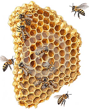Detailed artwork of a honeycomb teeming with bees against a white background, perfect for educational or naturethemed photo