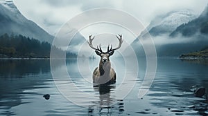 Detailed Atmospheric Portrait: Deer In Water Near Mountains